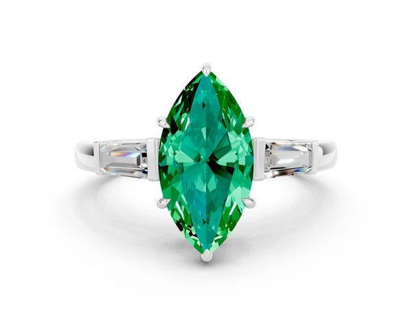 Platinum Marquise Cut Emerald Three-Stone Ring with Tapered Baguette Side Stones and Prong Setting