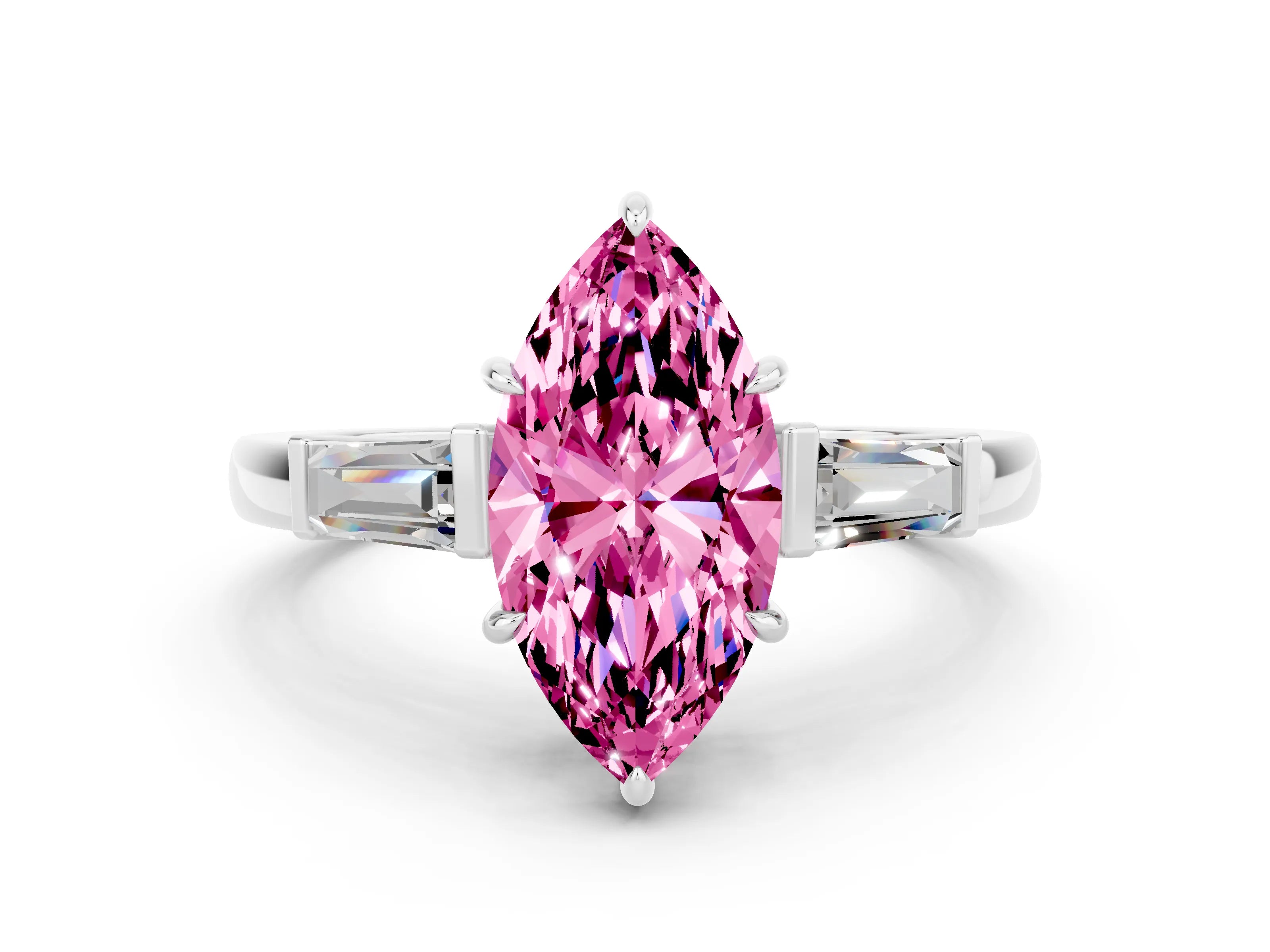 White gold Marquise Cut Cut Diamond Ring with Tapered Baguette Side Stones in Four-Prong Setting