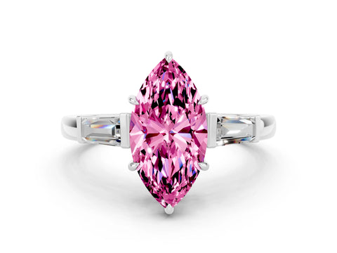 White gold Marquise Cut Cut Diamond Ring with Tapered Baguette Side Stones in Four-Prong Setting