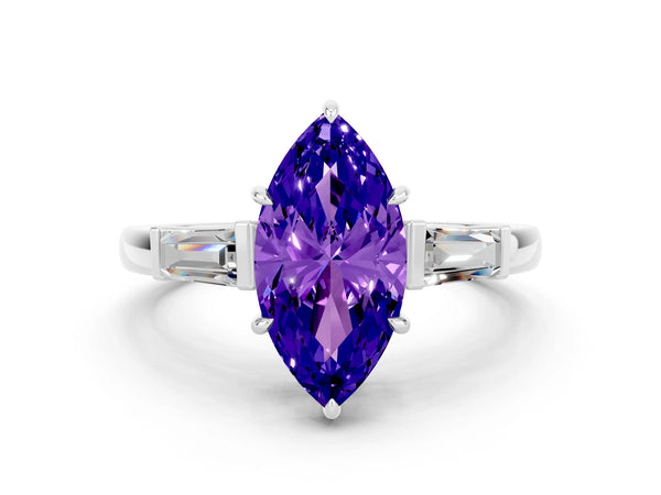 Platinum Marquise Cut Tanzanite Three-Stone Ring with Tapered Baguette Side Stones and Prong Setting