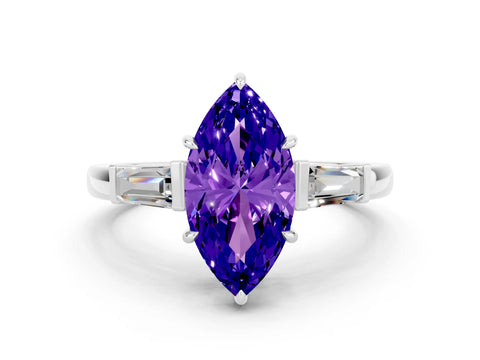 White gold Marquise Cut Cut Diamond Ring with Tapered Baguette Side Stones in Four-Prong Setting