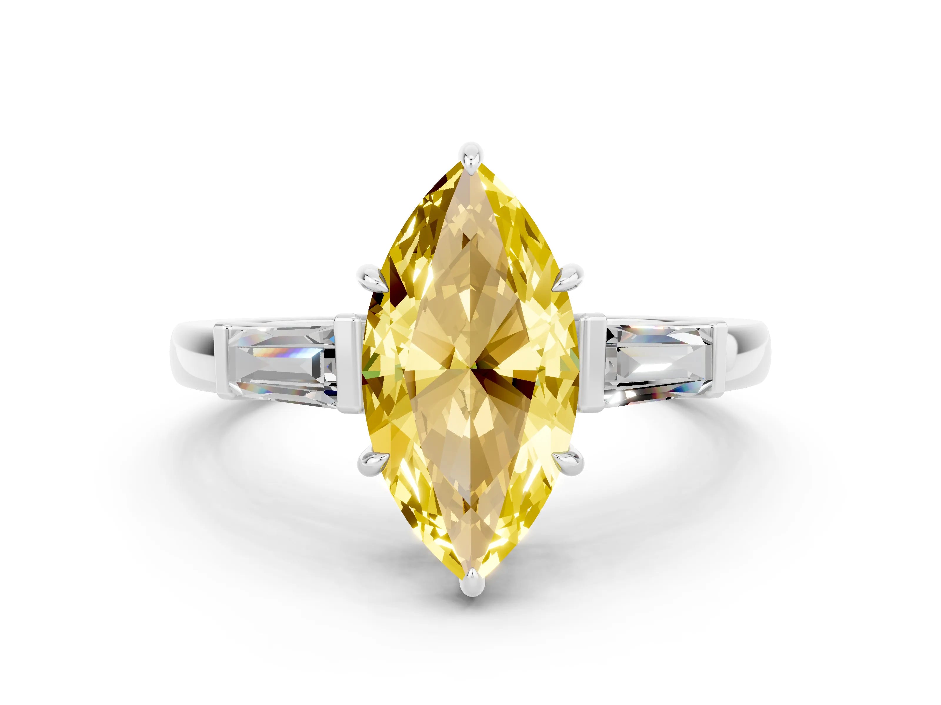 White gold Marquise Cut Cut Diamond Ring with Tapered Baguette Side Stones in Four-Prong Setting