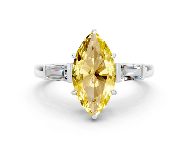 Silver Marquise Cut Yellow Sapphire Three-Stone Ring with Tapered Baguette Side Stones and Prong Setting