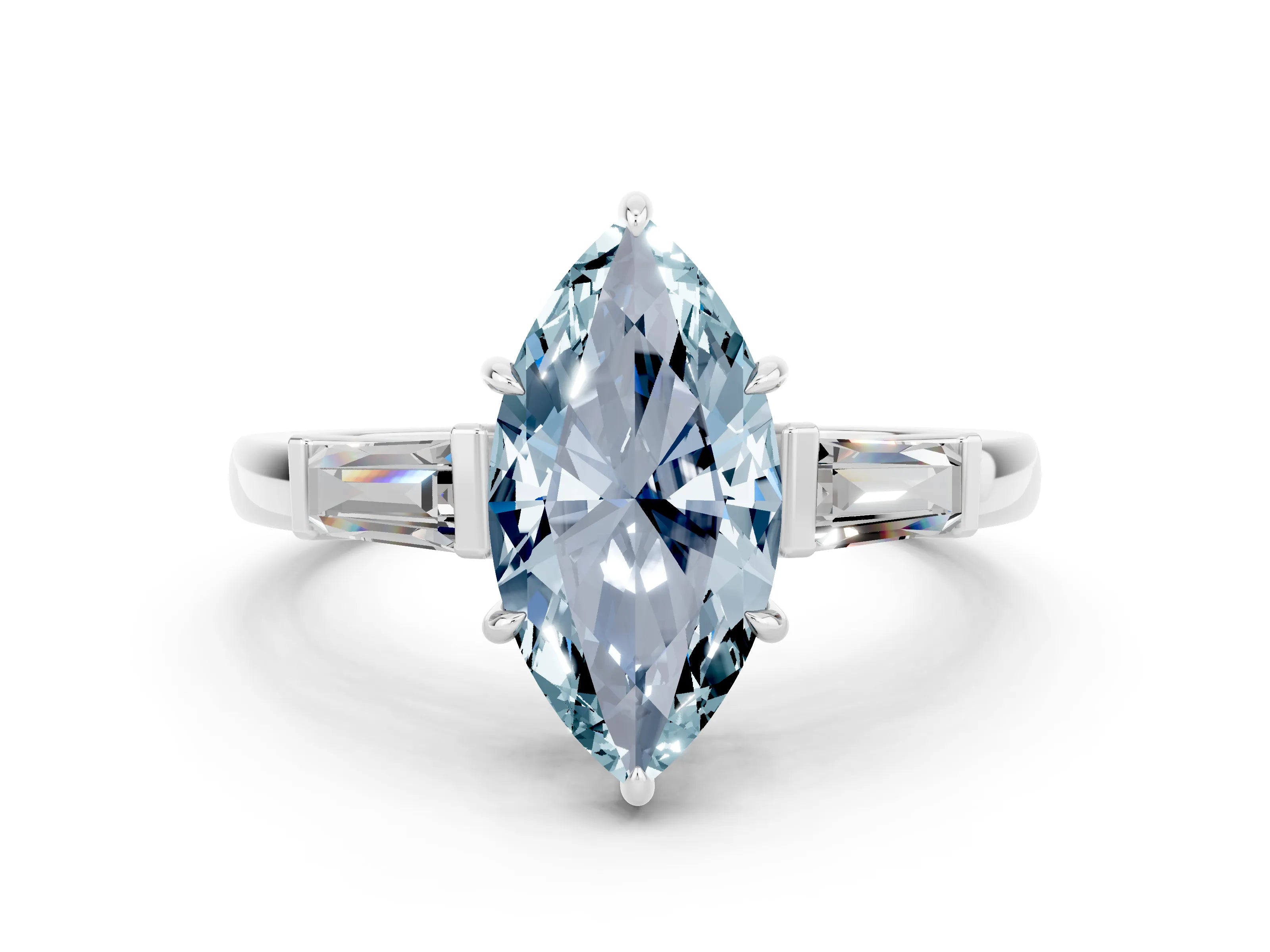 White gold Marquise Cut Cut Diamond Ring with Tapered Baguette Side Stones in Four-Prong Setting