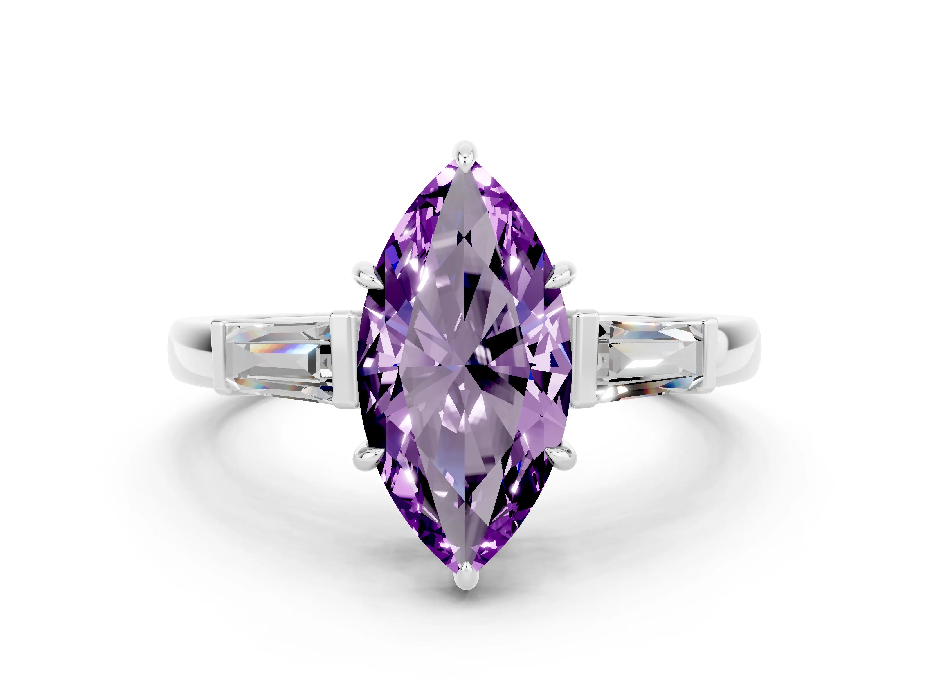 White gold Marquise Cut Cut Diamond Ring with Tapered Baguette Side Stones in Four-Prong Setting