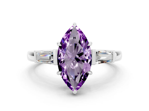 Platinum Marquise Cut Amethyst Three-Stone Ring with Tapered Baguette Side Stones and Prong Setting
