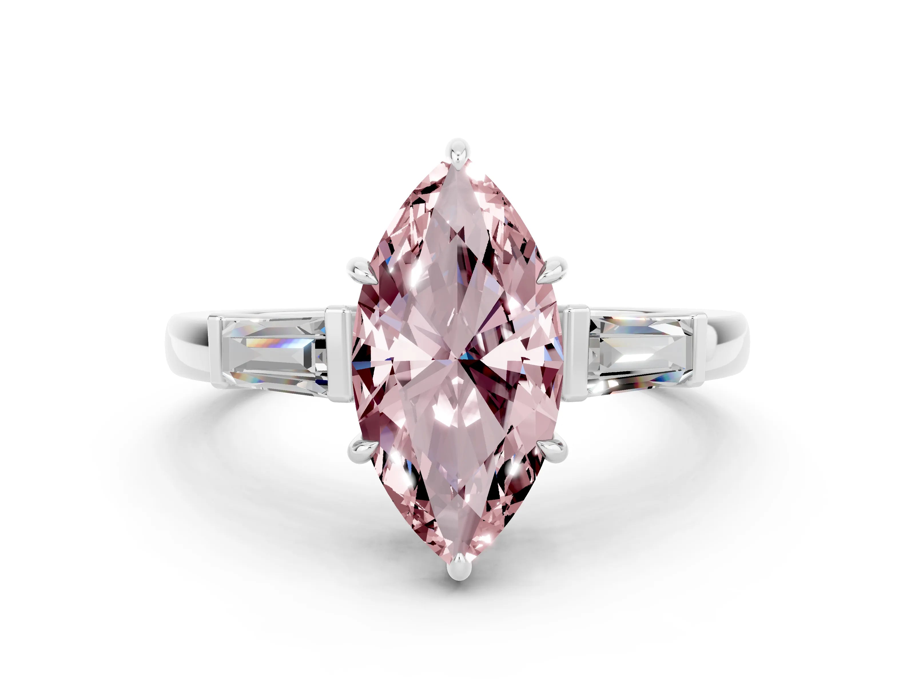 White gold Marquise Cut Cut Diamond Ring with Tapered Baguette Side Stones in Four-Prong Setting