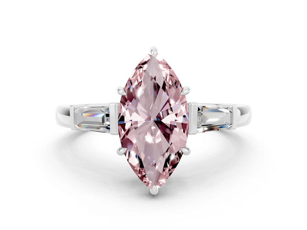 Platinum Marquise Cut Cut Diamond Ring with Tapered Baguette Side Stones in Four-Prong Setting