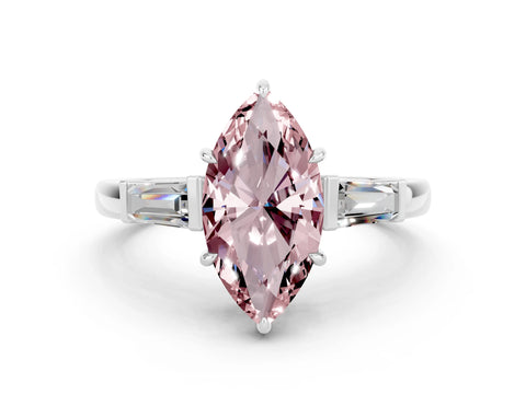 White gold Marquise Cut Cut Diamond Ring with Tapered Baguette Side Stones in Four-Prong Setting