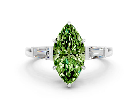 White gold Marquise Cut Cut Diamond Ring with Tapered Baguette Side Stones in Four-Prong Setting