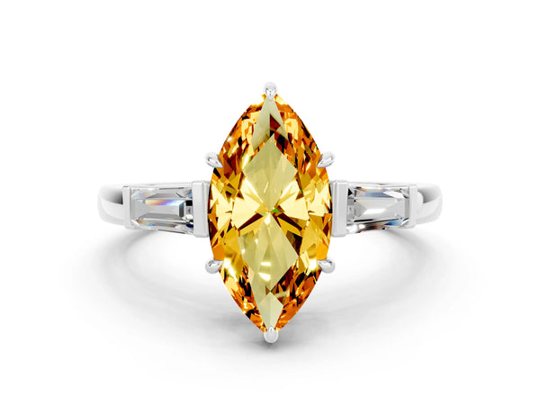 Silver Marquise Cut Citrine Three-Stone Ring with Tapered Baguette Side Stones and Prong Setting