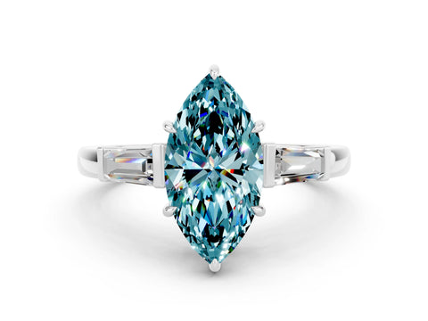 White gold Marquise Cut Cut Diamond Ring with Tapered Baguette Side Stones in Four-Prong Setting