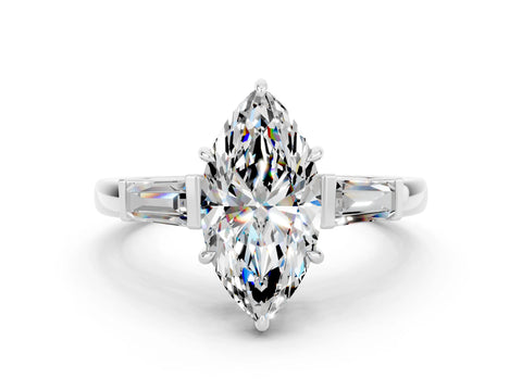 White gold Marquise Cut Cut Diamond Ring with Tapered Baguette Side Stones in Four-Prong Setting