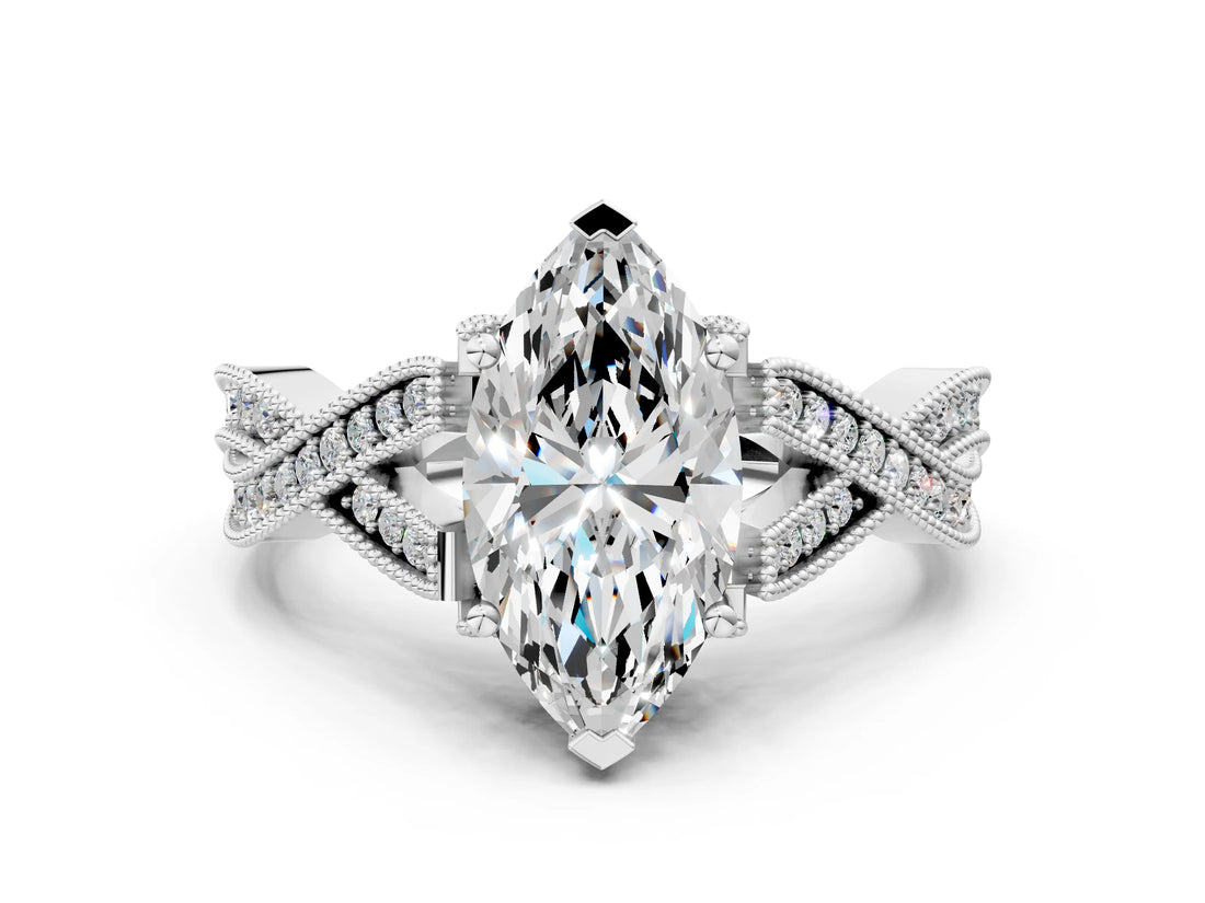 White gold Marquise Cut Cut Diamond Twisted Band with Milgrain Pave Setting and Four-Prong Setting_18