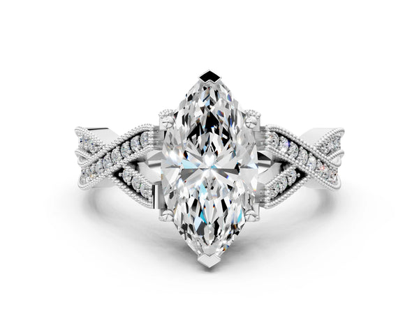 White Gold Marquise Graduated Pave Twist Engagement Ring Setting