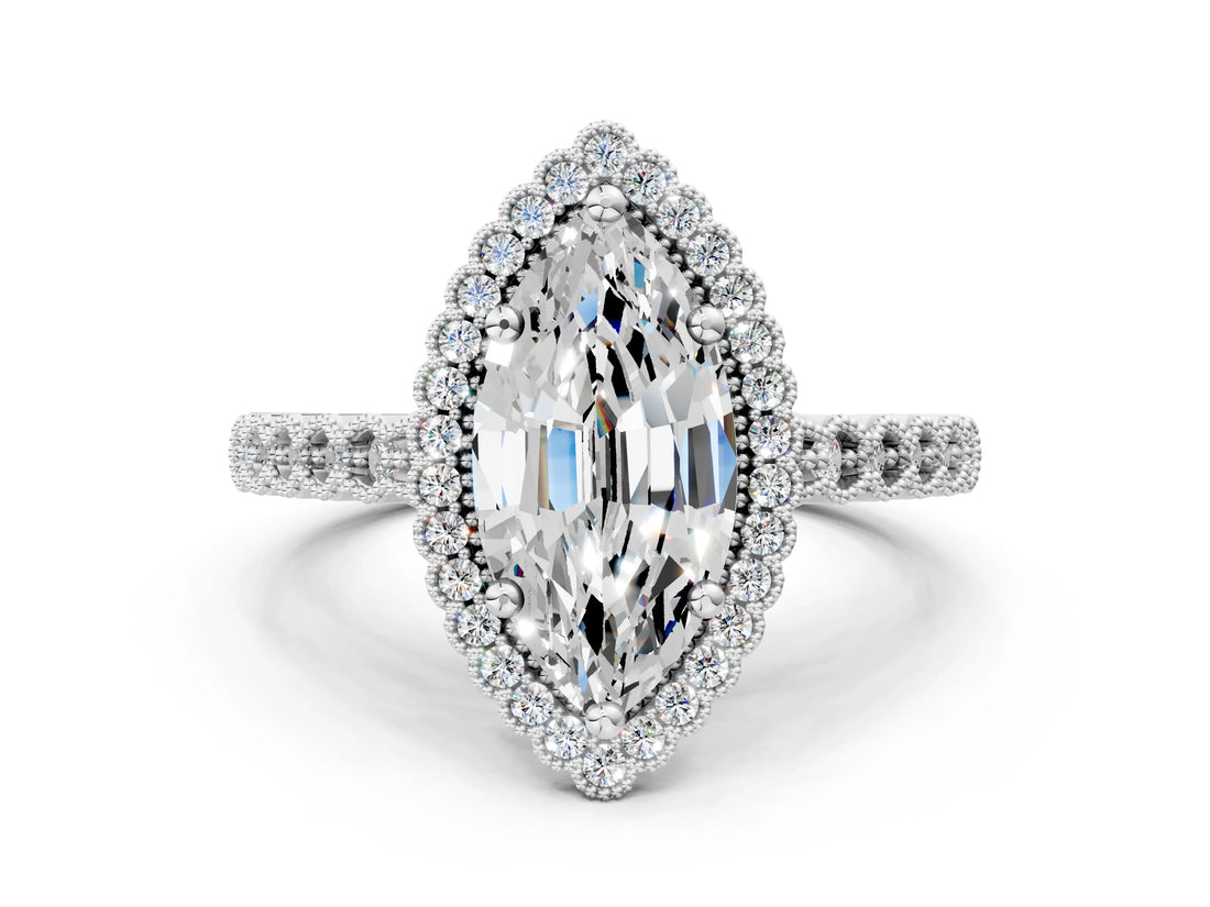 White gold Marquise Cut Cut Halo Pavé Solitaire Ring with Milgrain Band_7