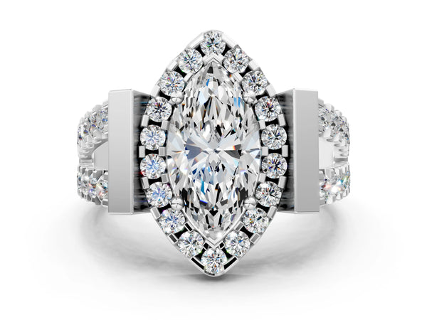 Platinum Princess Cut Halo Engagement Ring Setting with Bar Shoulders