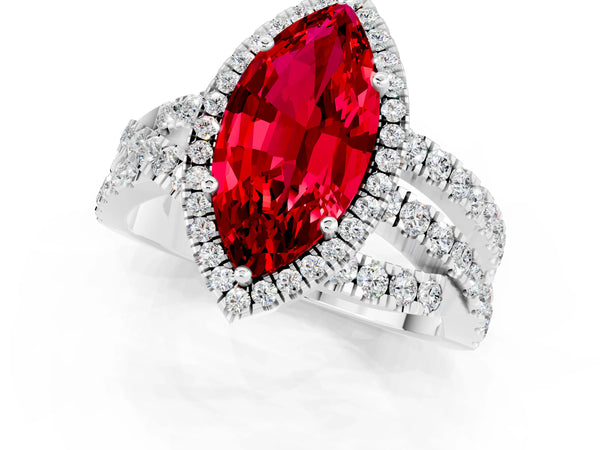 White gold Marquise Cut Ruby Halo Ring with Round Split Shank and Prong Setting