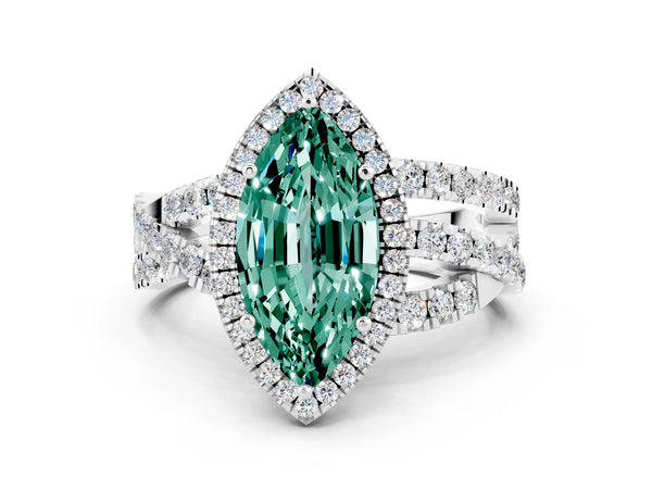 Platinum Marquise Cut Green Sapphire Halo Ring with Round Split Shank and Prong Setting