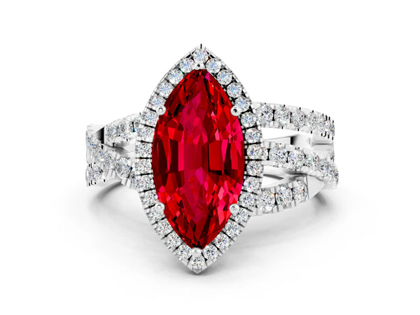 Platinum Marquise Cut Ruby Halo Ring with Round Split Shank and Prong Setting