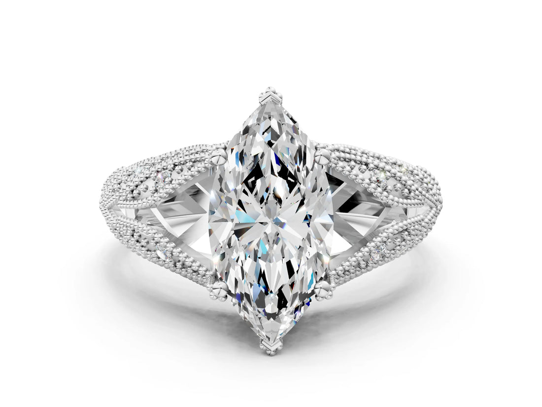 White gold Marquise Cut Cut Milgrain Pave Diamond Engagement Ring with Four-Prong Setting_3