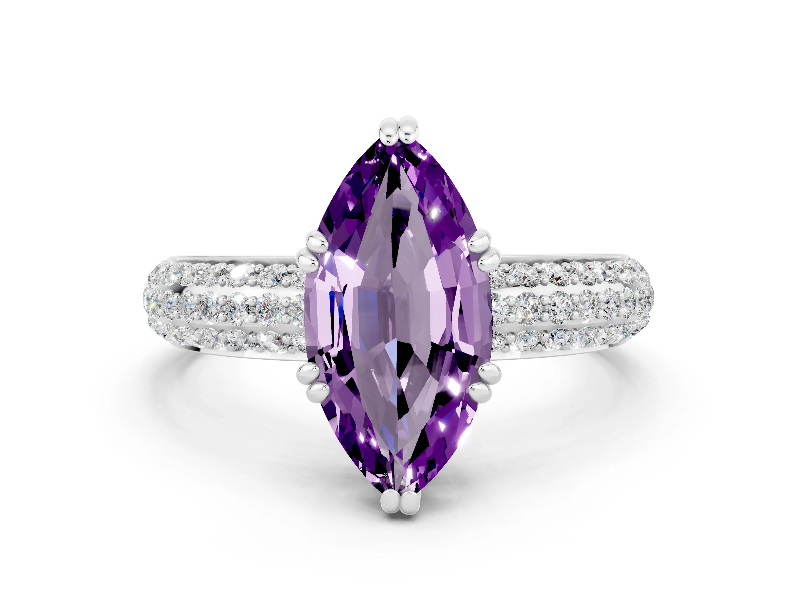 White gold Marquise Cut Cut Pave Diamond Engagement Ring with Channel Set Band and Four-Prong Setting
