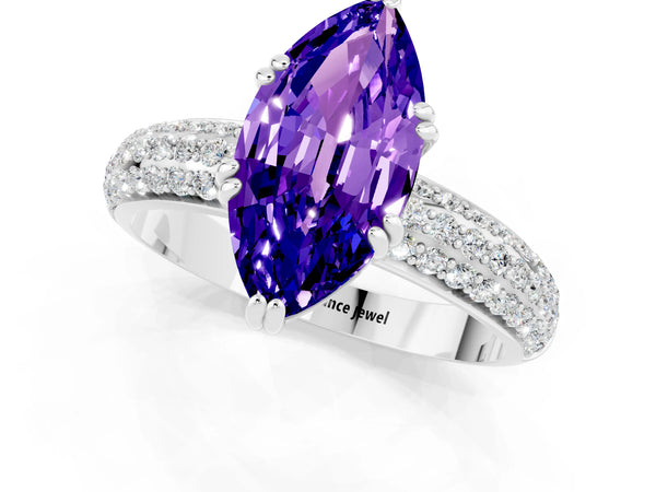 Platinum Marquise Cut Tanzanite Solitaire Ring with Multi-Row Round Pavé Band and Prong Setting