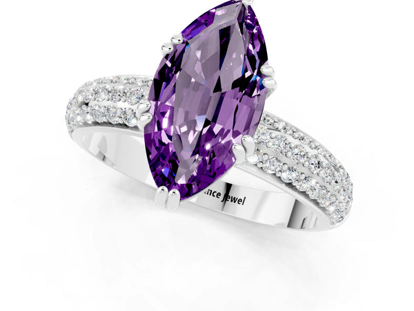 Platinum Marquise Cut Amethyst Solitaire Ring with Multi-Row Round Pavé Band and Prong Setting