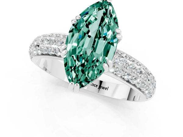 White gold Marquise Cut Green Sapphire Solitaire Ring with Multi-Row Round Pavé Band and Prong Setting