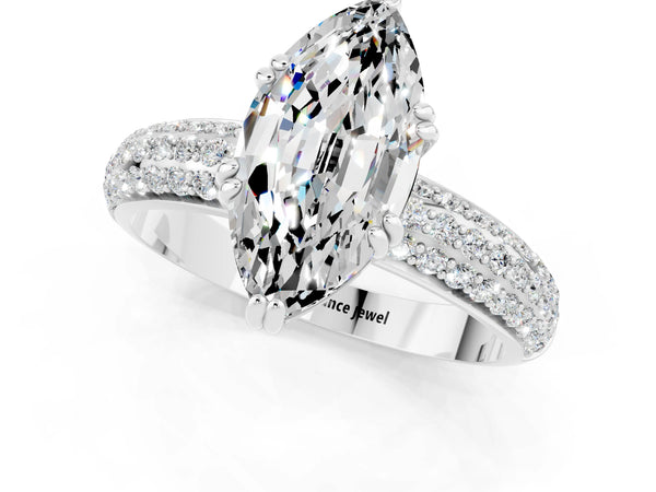 White gold Marquise Cut Moissanite Solitaire Ring with Multi-Row Round Pavé Band and Prong Setting