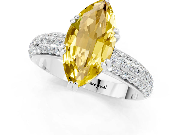 White gold Marquise Cut Yellow Sapphire Solitaire Ring with Multi-Row Round Pavé Band and Prong Setting