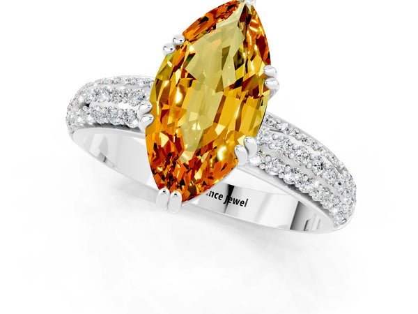 Platinum Marquise Cut Citrine Solitaire Ring with Multi-Row Round Pavé Band and Prong Setting