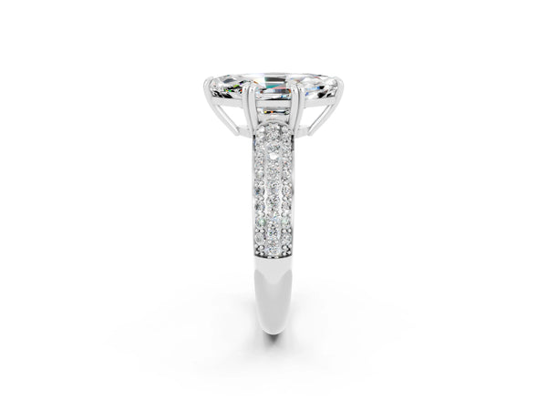 Platinum Marquise Cut Moissanite Solitaire Ring with Multi-Row Round Pavé Band and Prong Setting