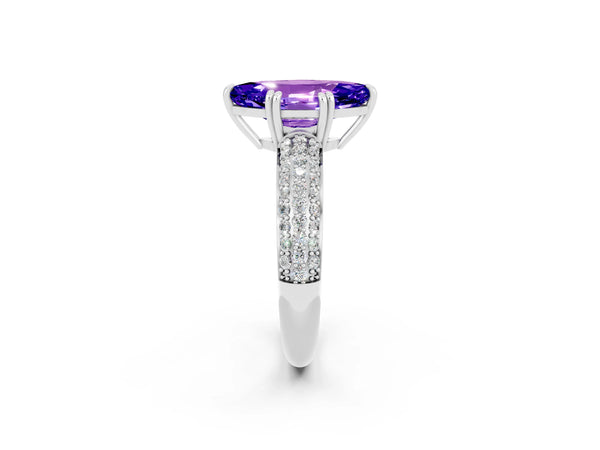 Platinum Marquise Cut Tanzanite Solitaire Ring with Multi-Row Round Pavé Band and Prong Setting