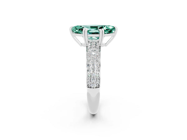 White gold Marquise Cut Green Sapphire Solitaire Ring with Multi-Row Round Pavé Band and Prong Setting