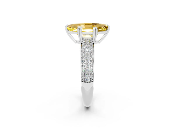 White gold Marquise Cut Yellow Sapphire Solitaire Ring with Multi-Row Round Pavé Band and Prong Setting