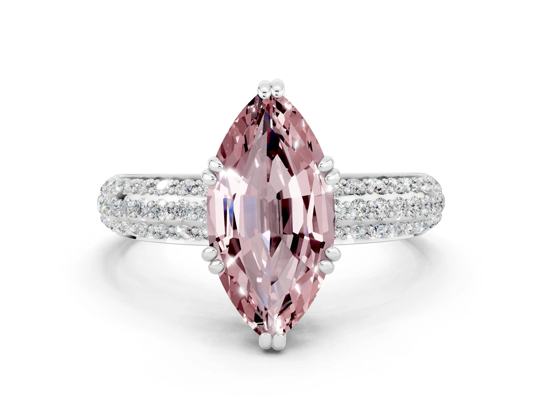 White gold Marquise Cut Cut Pave Diamond Engagement Ring with Channel Set Band and Four-Prong Setting