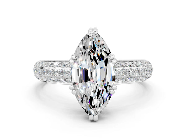 Silver Marquise Cut Moissanite Solitaire Ring with Multi-Row Round Pavé Band and Prong Setting
