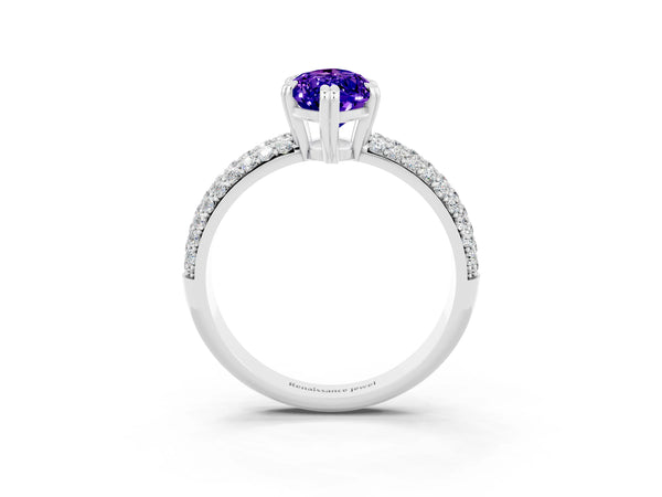 Silver Marquise Cut Tanzanite Solitaire Ring with Multi-Row Round Pavé Band and Prong Setting
