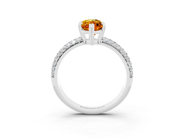 Platinum Marquise Cut Citrine Solitaire Ring with Multi-Row Round Pavé Band and Prong Setting