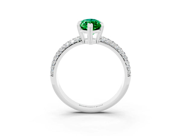 White gold Marquise Cut Emerald Solitaire Ring with Multi-Row Round Pavé Band and Prong Setting