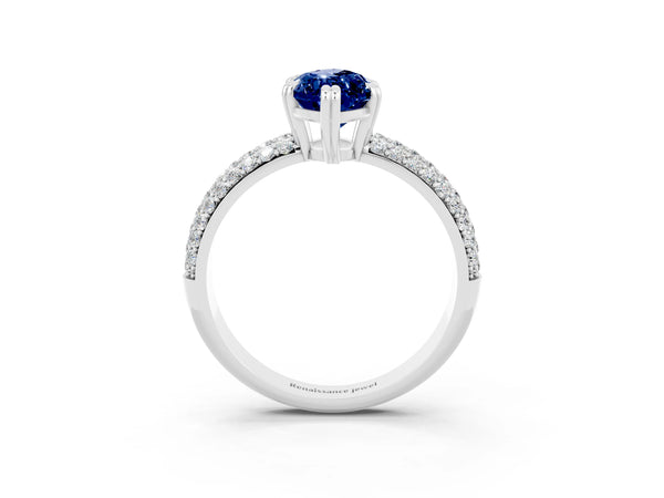 Platinum Marquise Lab-Grown Blue Sapphire Triple Row Pave Engagement Ring with Double Claw Prongs