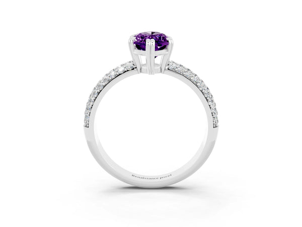 Platinum Marquise Cut Amethyst Solitaire Ring with Multi-Row Round Pavé Band and Prong Setting