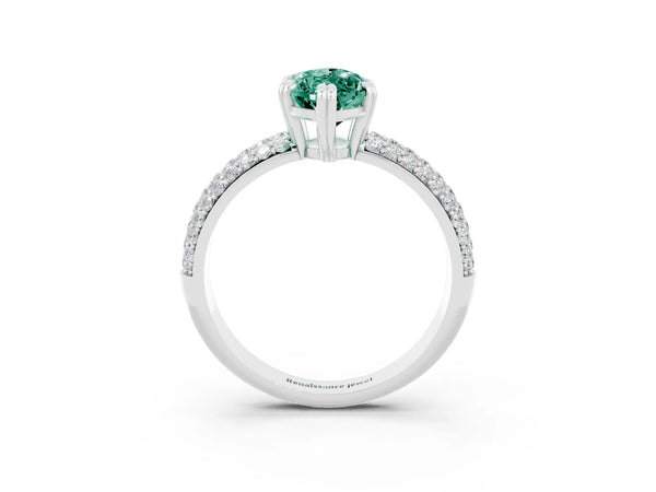 White gold Marquise Cut Green Sapphire Solitaire Ring with Multi-Row Round Pavé Band and Prong Setting