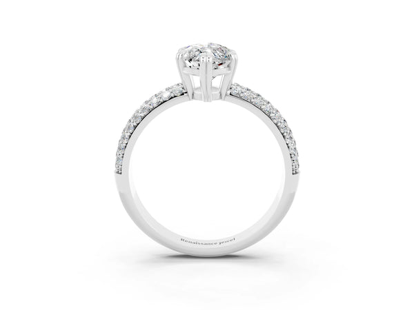 Platinum Marquise Cut Moissanite Solitaire Ring with Multi-Row Round Pavé Band and Prong Setting