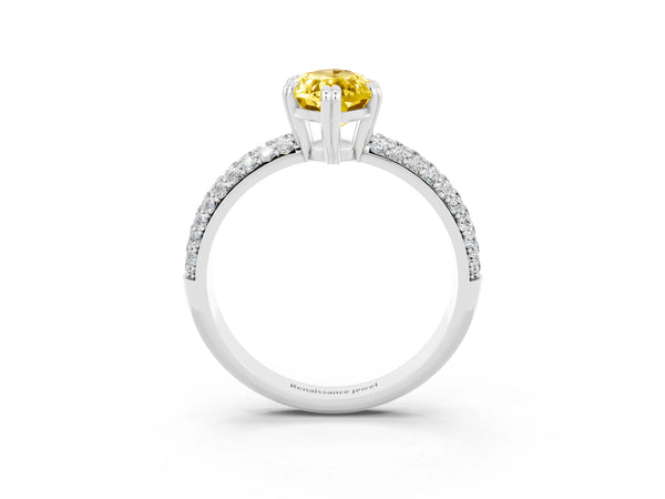 Platinum Marquise Cut Yellow Sapphire Solitaire Ring with Multi-Row Round Pavé Band and Prong Setting