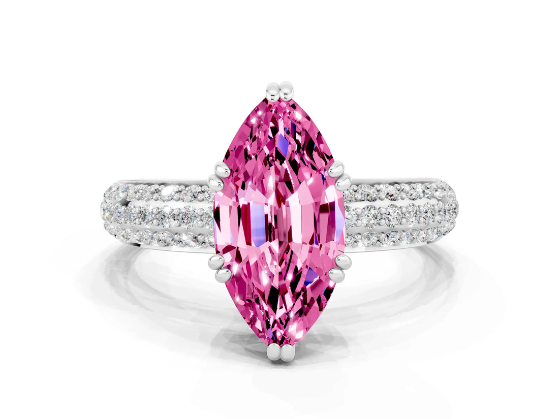 White gold Marquise Cut Cut Pave Diamond Engagement Ring with Channel Set Band and Four-Prong Setting