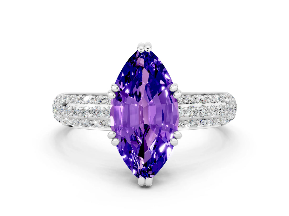 White gold Marquise Cut Cut Pave Diamond Engagement Ring with Channel Set Band and Four-Prong Setting