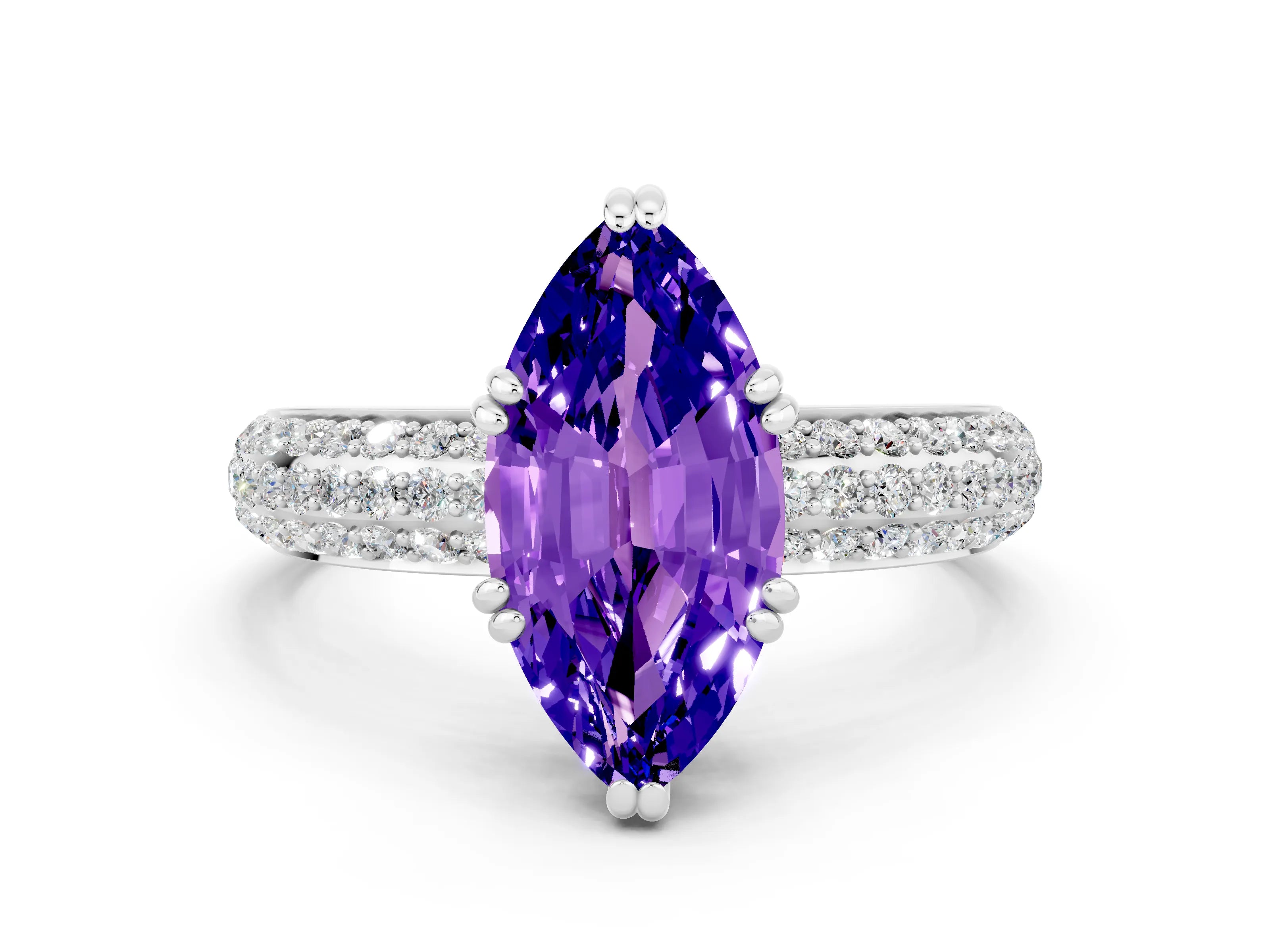 White gold Marquise Cut Cut Pave Diamond Engagement Ring with Channel Set Band and Four-Prong Setting