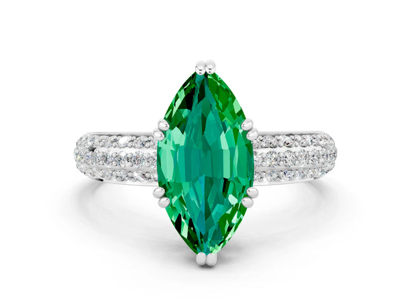 White gold Marquise Cut Emerald Solitaire Ring with Multi-Row Round Pavé Band and Prong Setting